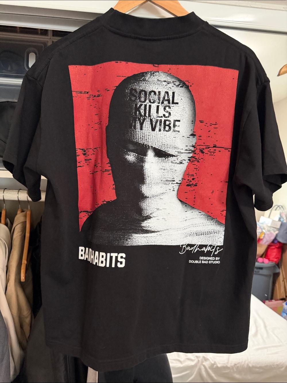 Black Short-Sleeve Graphic Tee with Red Panel
